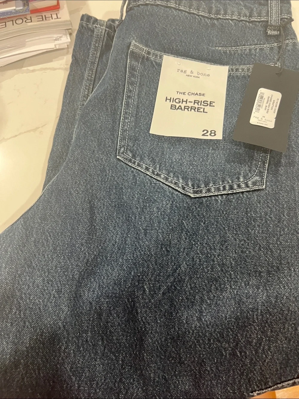 rag & bone High-Rise Barrel Jeans in Dark Blue Denim